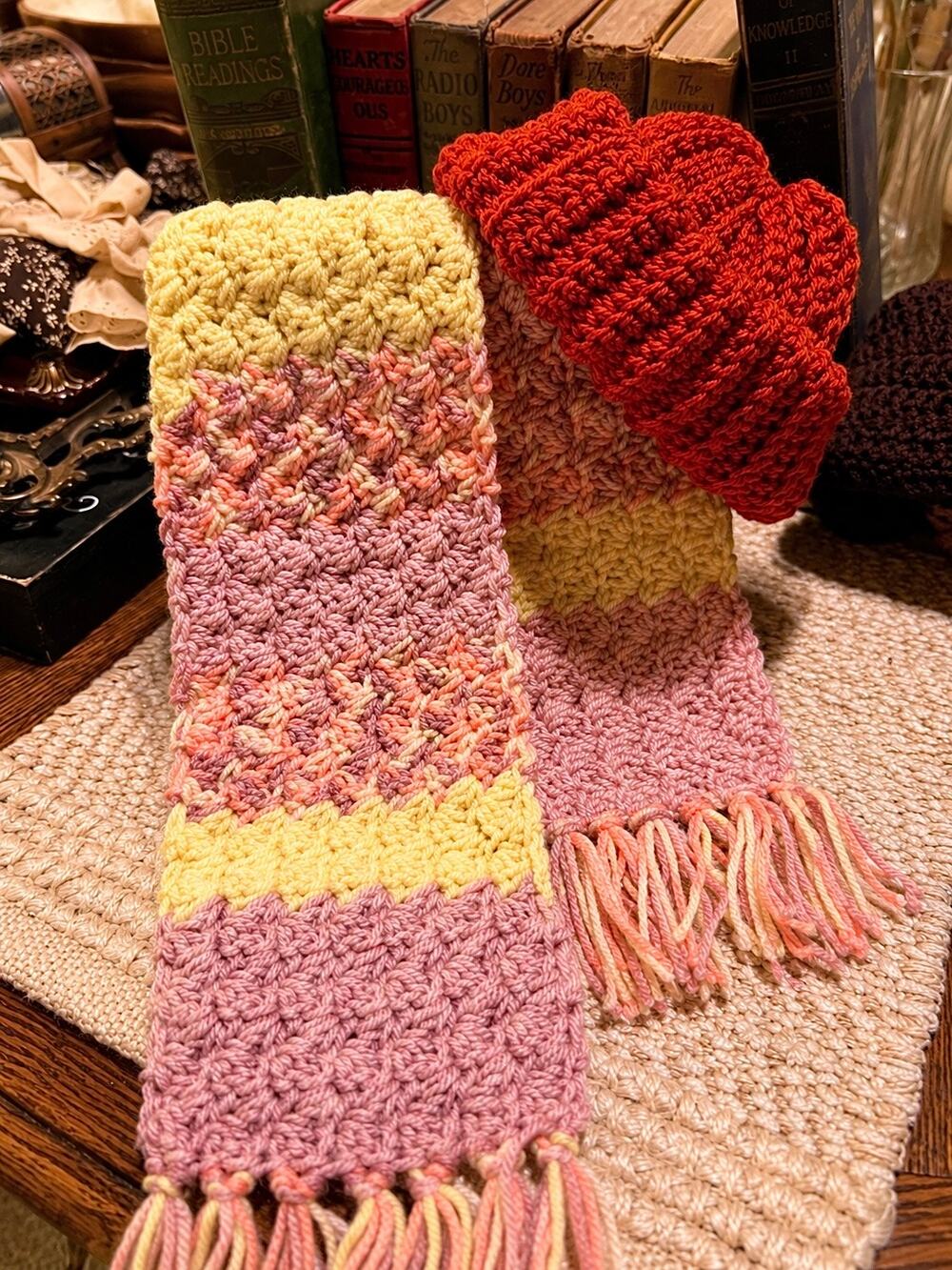 Handmade Crochet Scarf With Hat - Pink Yellow, Red & Lavender
